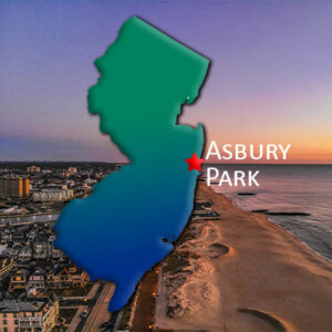 Map of NJ in a green to blue gradient with a red star over Asbury Park all over a photo of the coast of Asbury Park